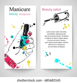 Vector abstract illustration with nail polish and cosmetic brush. Vertical banner for your design.