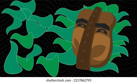 Vector abstract illustration. Native wooden mask. Wild Tribe Mask. African wooden mask. Warrior, god, ethnic group, small tribes. In the background illustration leaves in green shades.