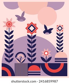 Vector abstract illustration nature geometric shapes. Patern in pink and soft blue. Drawing in cartoon style.