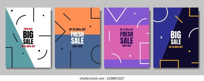 Vector abstract illustration. Neo memphis pattern poster collection. Bright color. Cool graphic background. Design elements for cover, brochure, magazine, poster, flyer. 70s, 80s retro funky graphic