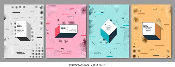 Ilustración abstracta del Vector. Colección de Anuncio de patrón Neo Memphis con Elementos punteados de semitono. Formas de gráficos de flujo. Marcos de citas de colores vibrantes. Elementos de diseño para póster, portada, maquetación, revista