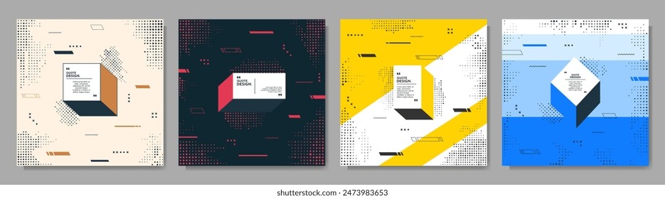 Vector abstract illustration. Neo memphis pattern banner collection with halftone dotted elements. Flow graphic shapes. Vibrant color quote frames. Design elements for web banner, social networking