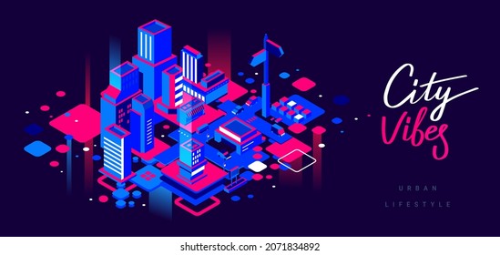 Vector abstract illustration of neon color night city street with light on dark sky background. Isometric style design with text city vibes for web, site, banner, poster, flyer