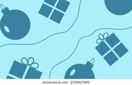 Vector abstract illustration for New Year and Christmas. Image of gift boxes and Christmas tree toys in blue. Winter pattern for banners and cards.