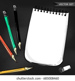 Vector abstract illustration with notebook and colored pencils. Background for design of postcard, banner, poster and other. Business and office.