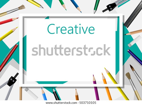 Vector, abstract\
illustration with a notebook, colored pencils, pens, markers,\
compasses, rulers, brushes. Desktop. View from above. Realistic\
style. Office and\
business.