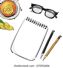 Vector abstract illustration with a notebook, glasses for sight, pencil and a mug of tea. An isolated background for the design of a banner, poster, billboard, advertisement, postcard.