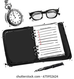 Vector abstract illustration with notebook, glasses for sight, pen and round pocket watch. An isolated background for the design of a banner, poster, billboard, advertisement, postcard.