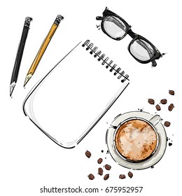 Ilustración abstracta vectorial con un portátil, lentes para la vista, lápiz y una taza de café. Un fondo aislado para el diseño de una pancarta, afiche, cartel, anuncio, postal.