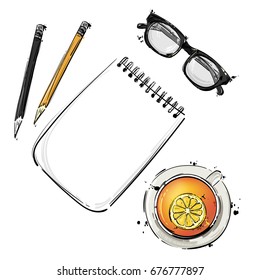 Vector abstract illustration with a notebook, glasses for sight, pencil and a mug of tea. An isolated background for the design of a banner, poster, billboard, advertisement, postcard.