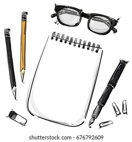 Vector abstract illustration with a notebook, glasses for sight, pencil, pen, eraser and paper clips. An isolated background for the design of a banner, poster, billboard, advertisement, postcard.