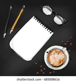 Vector abstract illustration with a notebook, glasses for sight, pencil and a mug of coffee. Background for the design of a banner, poster, billboard, advertisement, postcard.