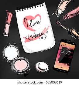 Vector abstract illustration with notebook, lipstick, powder and mobile phone. Beauty and fashion. Workplace