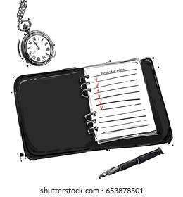 Vector abstract illustration with notebook, pen and round pocket watch. Business background. Workplace.