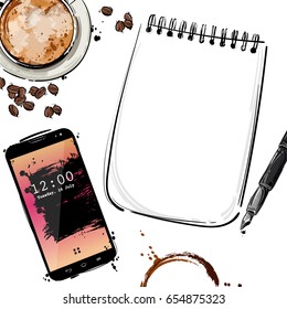 Vector abstract illustration with notebook, pen, mobile phone, coffee mug and coffee beans. Isolated background for design of postcard, banner, poster and other. Business and office.