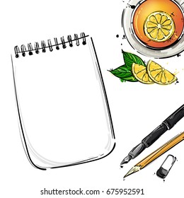 Vector abstract illustration with a notebook, pen, pencil and a mug of tea. An isolated background for the design of a banner, poster, billboard, advertisement, postcard.