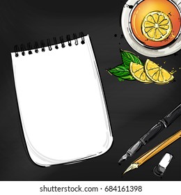 Vector abstract illustration with a notebook, pen, pencil and a mug of tea. Background for the design of a banner, poster, billboard, advertisement, postcard.