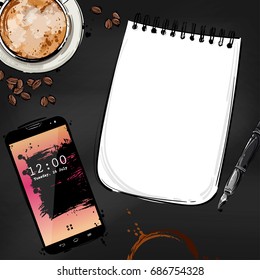 Vector abstract illustration with notebook, pen, mobile phone, coffee mug and coffee beans. Background for design of postcard, banner, poster and other. Business and office.