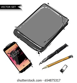 Vector abstract illustration with notebook, pencil, pen, stick and mobile phone. Isolated background for design of postcard, banner, poster and other. Business and office.