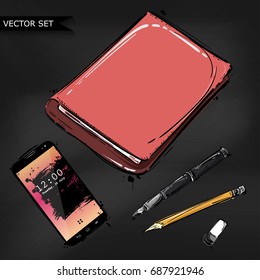 Vector abstract illustration with notebook, pencil, pen, stick and mobile phone. Background for design of postcard, banner, poster and other. Business and office.