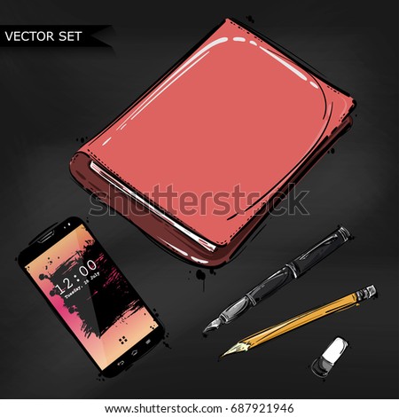 Vector abstract illustration with notebook, pencil, pen, stick and mobile phone. Background for design of postcard, banner, poster and other. Business and office.