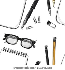 Vector abstract illustration with a notepad, pencil, pen and stick. Seamless pattern for the design of fabric, wallpaper, background, tablecloth. texture and other