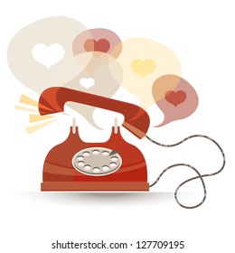 Vector abstract illustration of old-fashioned red phone. Hearts in text bubbles.