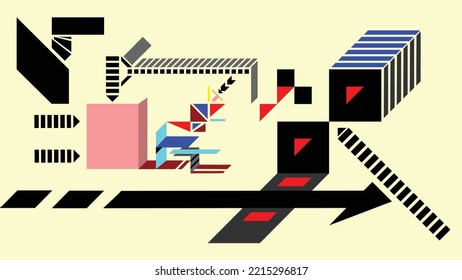 Vector abstract illustration on a monochrome world and yellow background. Geometric shapes and arrows. Business wallpaper with various trends and indicators.