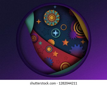 Vector abstract illustration on the theme of space and the universe in paper cut style.