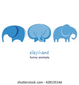 Vector abstract illustration on white background. Set elephants. Flat style. Funny animals. 