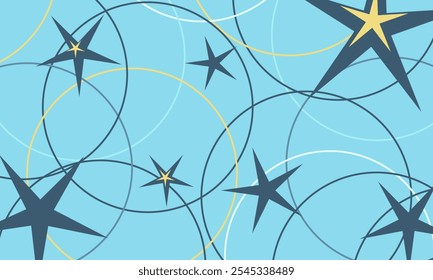 Ilustración abstracta de Vector sobre un tema de invierno. Imagen de estrellas y círculos en azul. Fondo sin fisuras para el año nuevo y la Navidad. Patrón Horizontal para felicitaciones e invitaciones