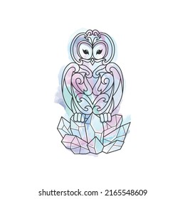  Vector abstract illustration of Owl with crystal cluster water color linear line art design