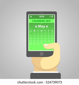Vector abstract illustration of a phone with a calendar. May 2017, weeks start from Sunday. Simple user interface in flat design