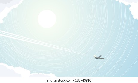 Vector abstract illustration of plane with trace in blue sky.