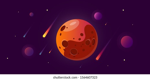 Vector abstract illustration planet in space with stars and comets. Modern flat background. 