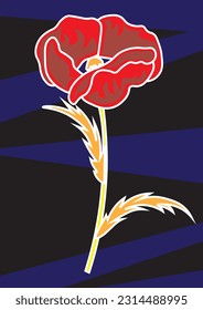 Ilustración abstracta vectorial. Ilustración abstracta de la amapola. Pincel rojo con sombreado. Planta típica. Fondo en negro y azul.
