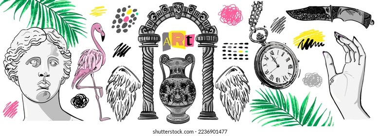 Vector abstract illustration in psychedelic style. Trippy. Greek art. Isolated background with Venus de Milo, arch, knife, vase, hand, pink flamingo, palm leaf, strokes. Modern.