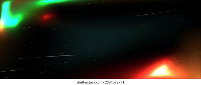 Ilustración vectorial abstracta con efectos realistas de fuga de luz, resplandor de luz, con la textura del envejecimiento de una foto, película. Ilustración sobre un fondo oscuro en colores naranja y verde.