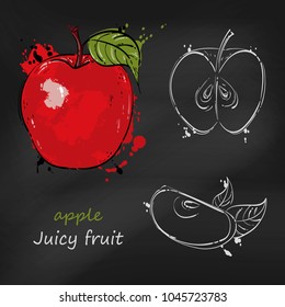 Vector abstract illustration with a red apple. A set for your design of postcards, menus, banners, posters, advertisements and others. Juicy fruit. Blackboard.
