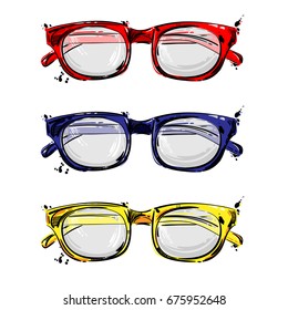 Vector abstract illustration with red, blue, yellow glasses for view. Isolated set. Fashion illustration. Beauty and fashion.