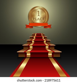 Vector abstract illustration of red carpet on staircase gold medal with ribbon