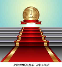 Vector abstract illustration of red carpet on staircase and gold medal with ribbon on light background