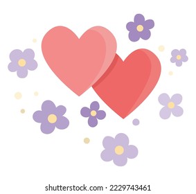 Vector abstract illustration with red hearts and purple flowers. Cute wedding, marriage or love symbol clipart element for bride and groom. Cartoon Saint Valentine background
