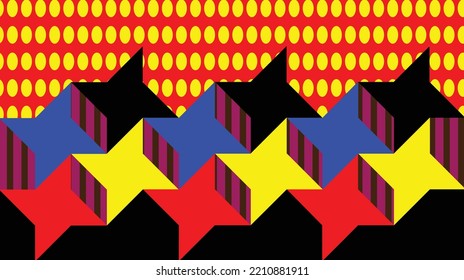 Vector abstract illustration. Regular stars with four arms. Saturated flashy colors. Stars connected to each other at the top of the shoulder. Stripes.Red filling with yellow circles in the upper part