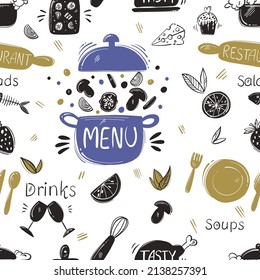 Vector abstract illustration. Restaurant menu. Lettering and hand graphics. seamless pattern