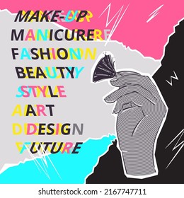 Vector abstract illustration of ricky with makeup brush in psychedelic style. Lettering. Design for poster, banner, postcard.