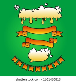 
Vector abstract illustration for Saint Patrick's Day. Design concept for party invitation, poster, cover, banner. Beer foam drops shaped like clover  shamrock. Set of text ribbons