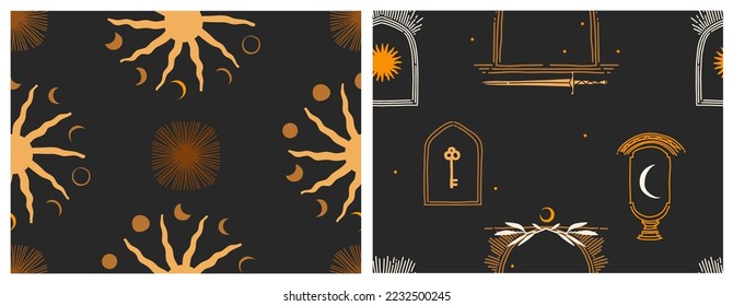 Vector abstract illustration seamless patterns set with magic celestial moon phases, crescent, sun, stars, mystic and simple astrology shapes. Night sky pattern concept design. Moon and stars vector.