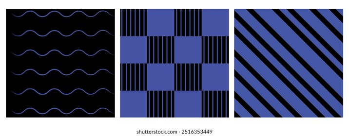 Abstrakte Vektorgrafik, Satz von 3 abstrakten Materialien, minimalistischer Stil, schwarz-blaue Farbe. Für Banner, Visitenkarte, Social Media Post, Hintergrund