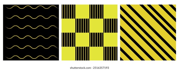 Vector abstract illustration, set of 3 abstract materials, minimalist style, black and yellow color. For banner, business card, social media post, background